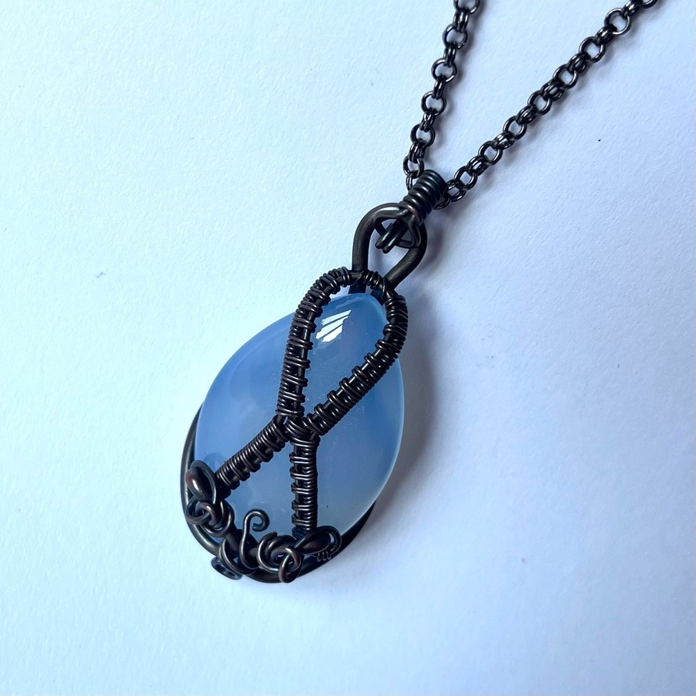 Natural Blue Lavender Copper Wrapped Chalcedony Pendant Necklace